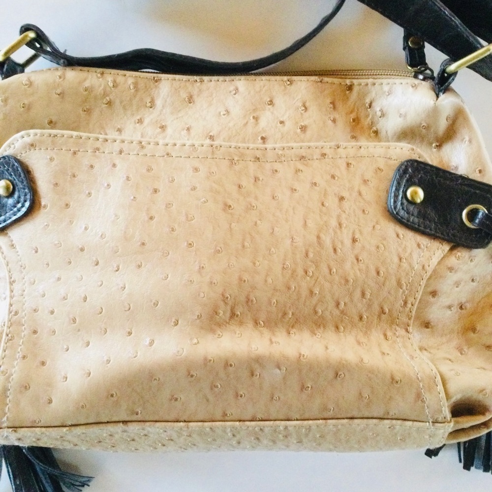 Bueno Tan & Black Shoulder Patent Handbag Fringe Tassels - Picture 3 of 8